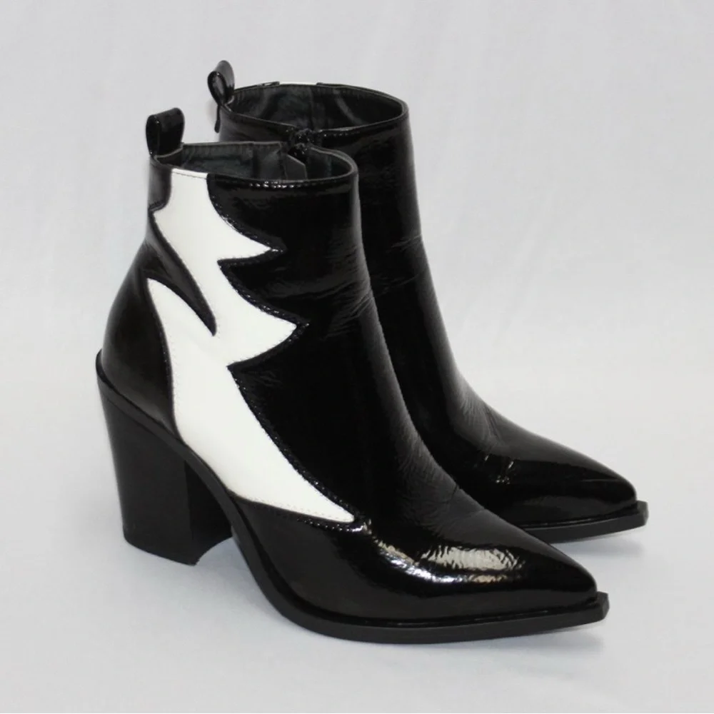 RARE Jeeini of Paris Black and‎ White Patent Leather Heel Ankles Boots 8.5